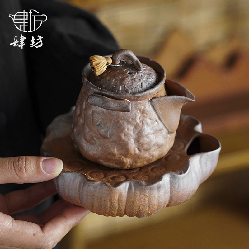 素烧老岩泥挂坠大号干泡手抓壶陶瓷加莲蓬蓄水壶承粗陶茶具小套组