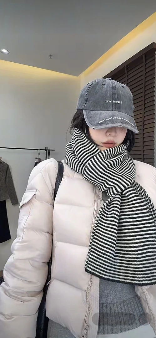 复古港风围巾女保暖针织条纹围脖经典秋冬不掉色韩版