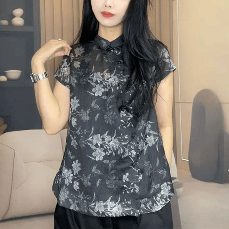 新中式高档洋气立领休闲通勤薄款妈妈装富婆遮肉显瘦高档短袖小衫