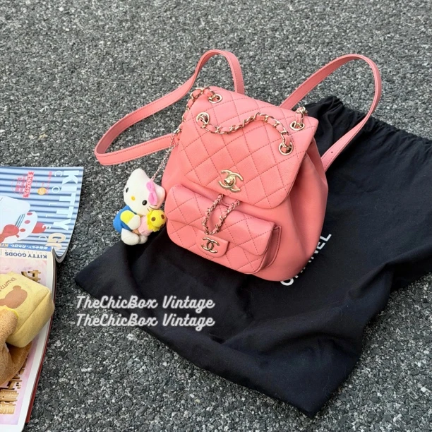 95新 Chanel/香奈儿 只盒/ 22k西柚粉小号duma双肩包