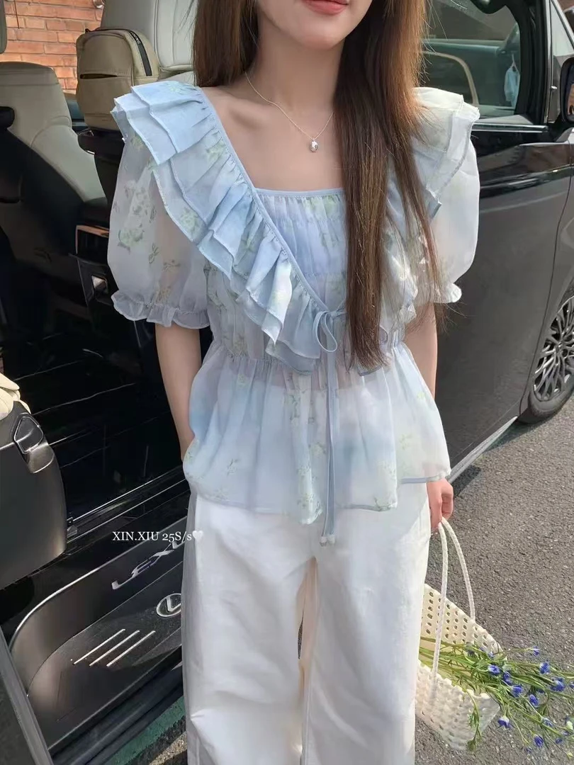 甜美荷叶边碎花衬衣-5652