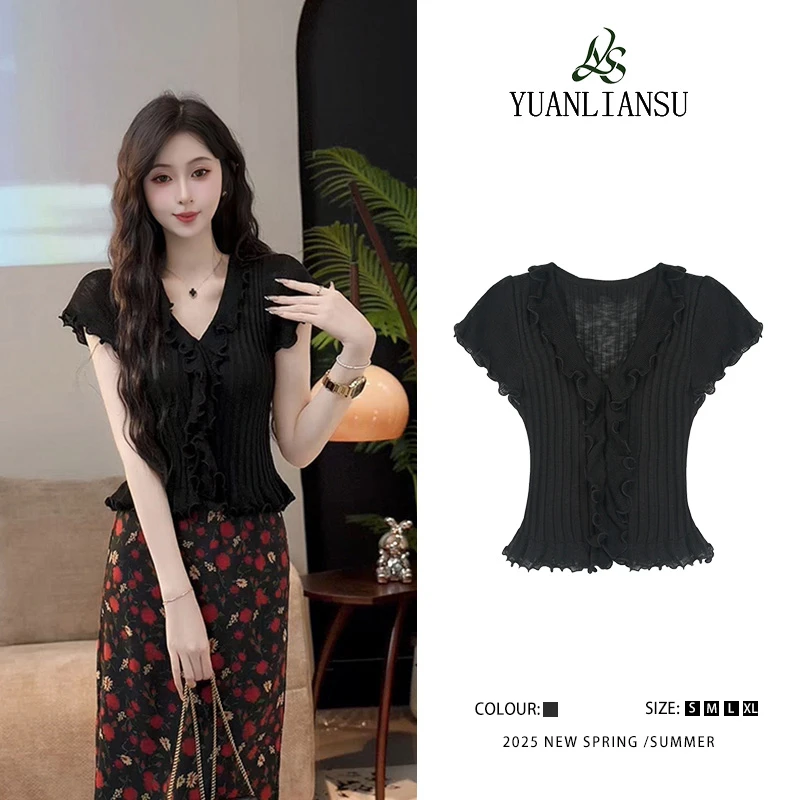 YUANLIANSU/圆脸酥【青墨染画】法式设计感减龄时尚气质V领显瘦上衣