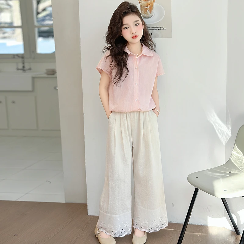女大童阔腿裤套装夏装2025新款儿童洋气女孩夏季气质衬衫女童15岁