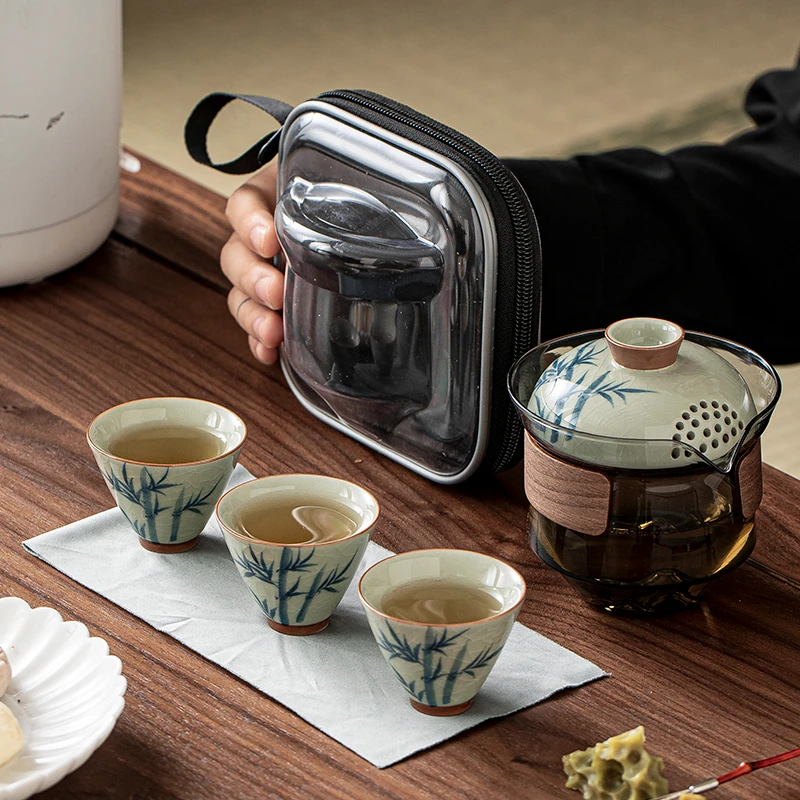 手绘旅行茶具套装一壶三杯便携式快客杯户外泡茶壶茶杯茶具收纳包