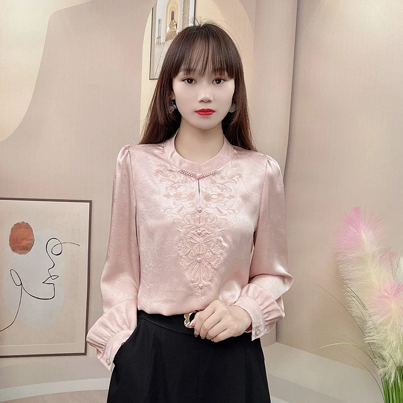 高级感钉珠刺绣长袖衬衫女2025秋季新款盘扣百搭洋气显瘦气质上衣