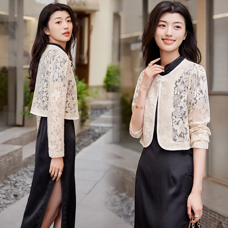 旗袍外搭小披肩长袖蕾丝镂空开衫薄款外套春秋夏季配吊带裙子外搭