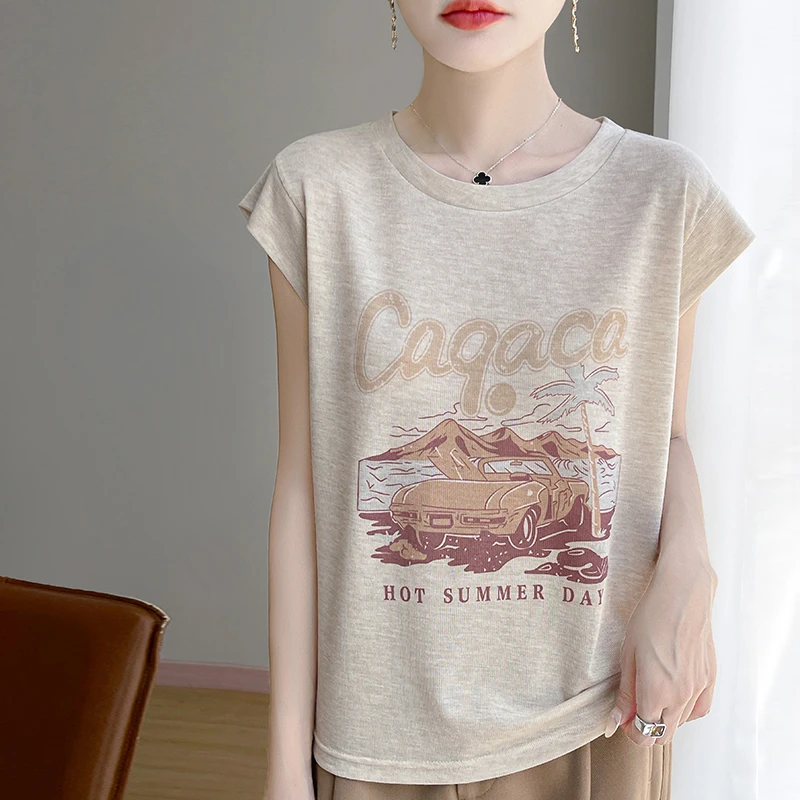 常规款圆领夏季冰丝宽松圆领T恤ins宽松无袖百搭运动纯棉时尚休闲