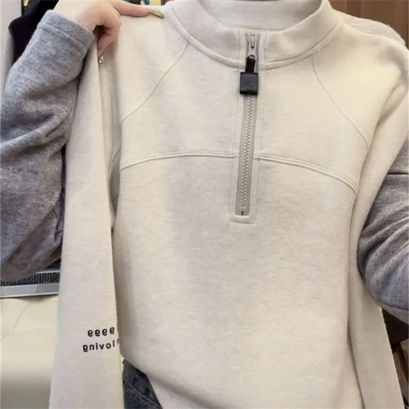双面德绒半拉链立领长袖卫衣女秋冬休闲修身显瘦纯色打底保暖上衣