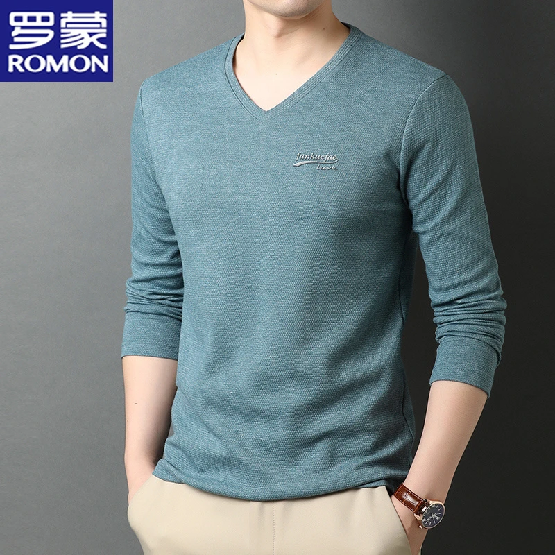 罗蒙春秋季百搭休闲纯色体恤男士长袖新款T恤中青年v领潮流打底衫