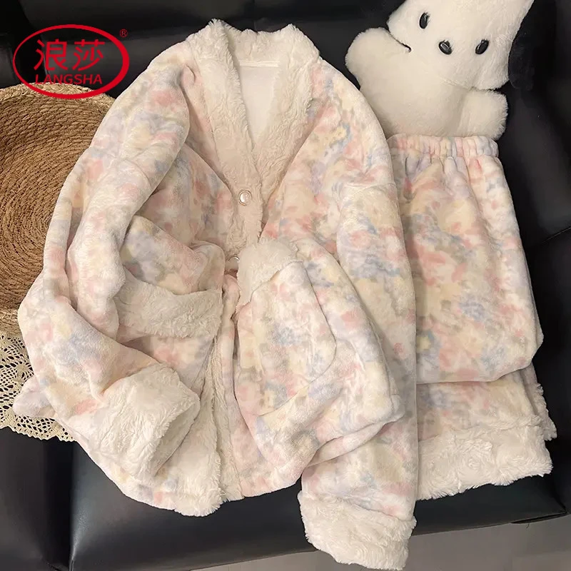 浪莎睡衣女秋冬季珊瑚绒加厚保暖ins风甜美可外穿家居服