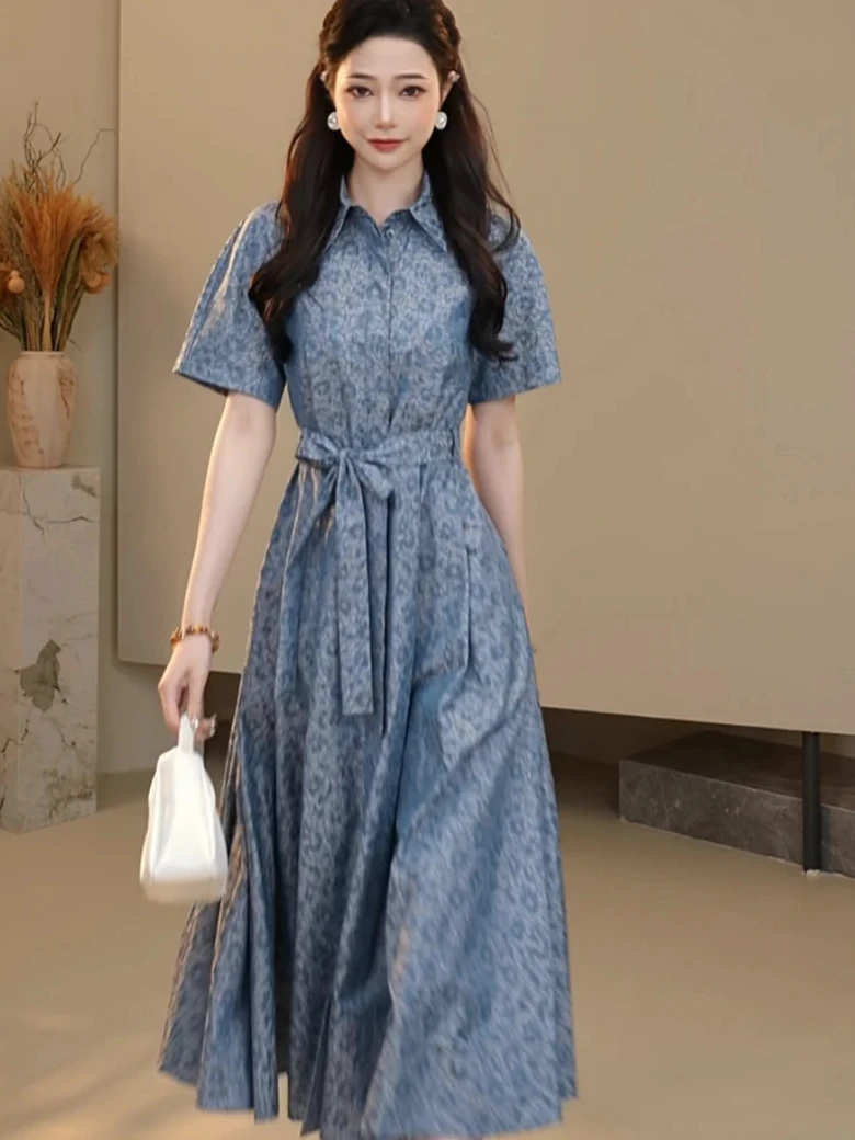 【商场同款】2025夏季新款时尚气质Polo领收腰印花短袖衬衫连衣裙女