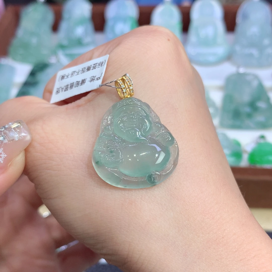 吊坠(不含链)18K金镶嵌翡翠天然缅甸A货翡翠揭阳工财神爷