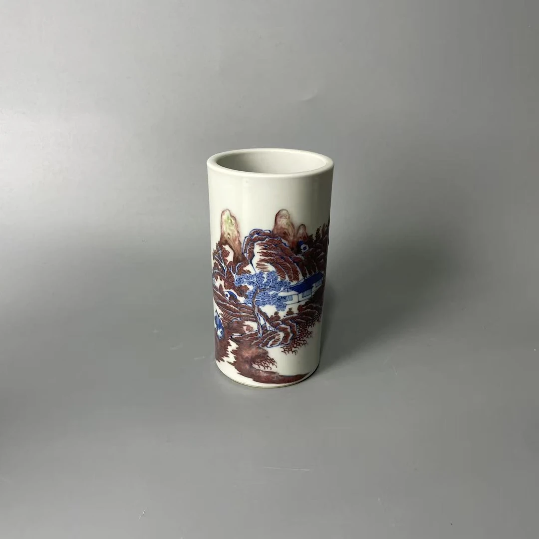 青花釉里红山水人物笔筒