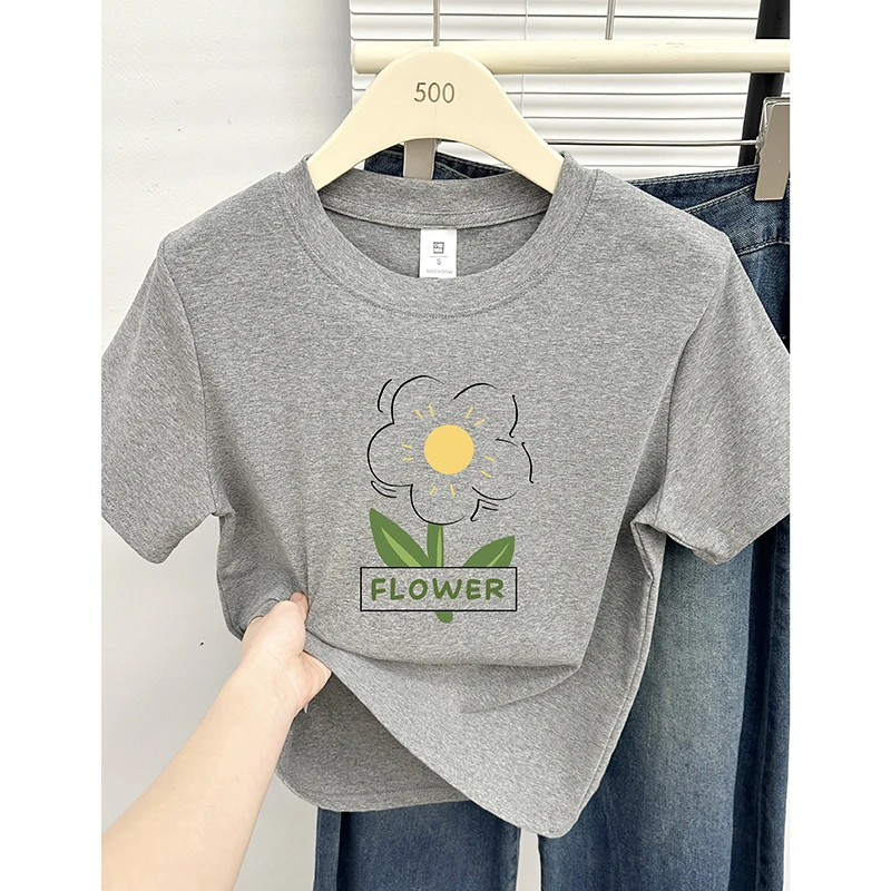 韩版设计感花朵正肩短袖T恤女夏季2025新款时尚百搭休闲圆领上衣