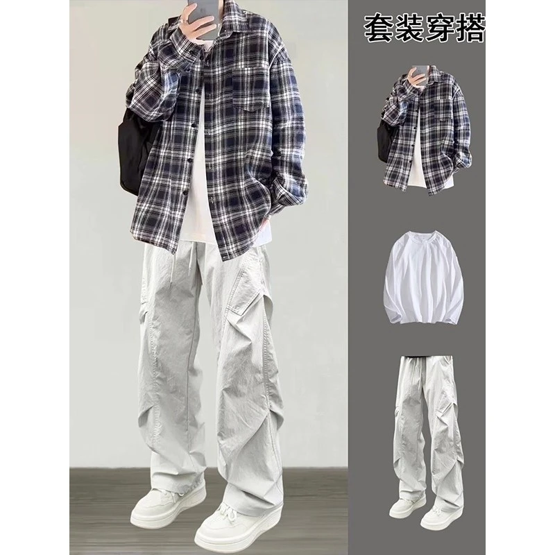 格子长袖衬衫男生秋季套装男装一套搭配帅气潮流痞帅休闲学生衬衣
