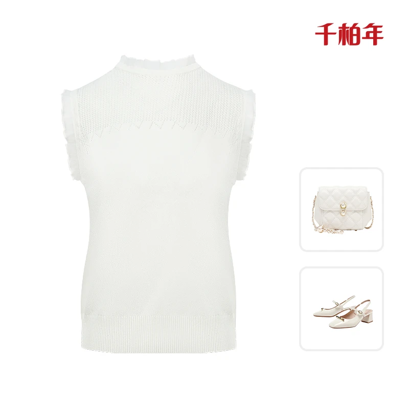 千柏年【光影诗篇】舒适精致木耳边挑洞镂空背心-C1950
