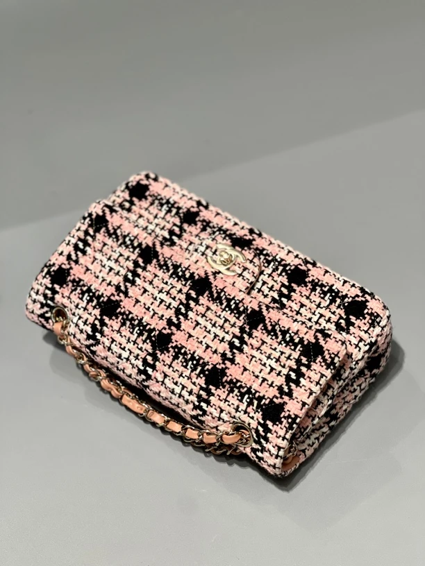 95新 Chanel/香奈儿 夏七中古/粗花呢粉格子cf/单肩包