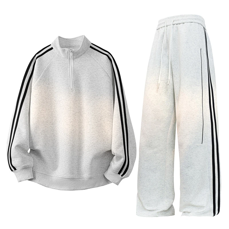 2025秋季新款美式潮牌立领半拉链条纹卫衣休闲裤子两件套男女同款