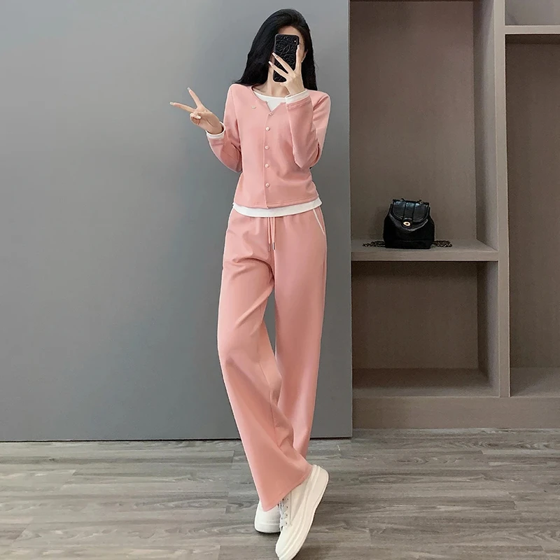 高含棉休闲洋气显瘦套装女2025年春秋新款遮肉上衣休闲裤两件套