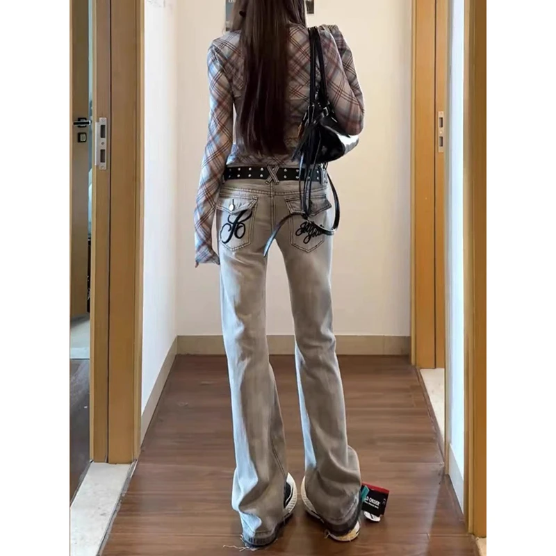 烟灰色低腰微喇牛仔裤女夏季美式复古低腰显瘦不贴腿喇叭马蹄裤子