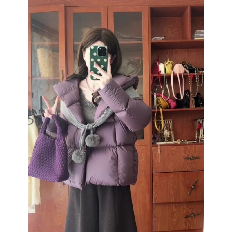 韩系时尚高端保暖外套伊甸紫连帽短款百搭加厚棉服棉衣面包服冬季