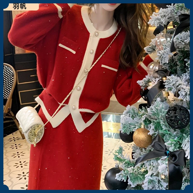 1小香风时尚套装裙女2025春新款显瘦新年红毛衣开衫针织半裙两件I