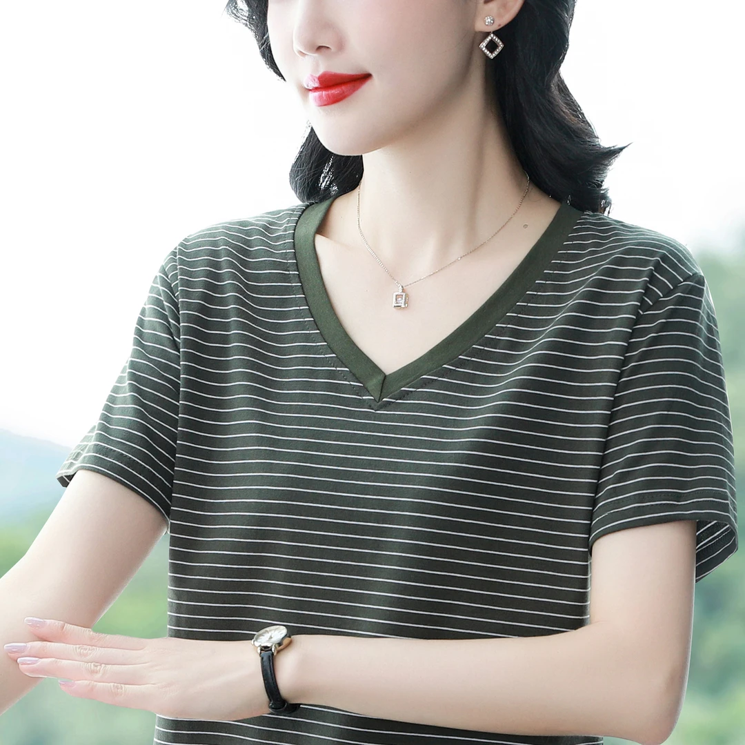 棉质短袖T恤女装夏季2025新款条纹宽松大码显瘦上衣半袖洋气妈妈