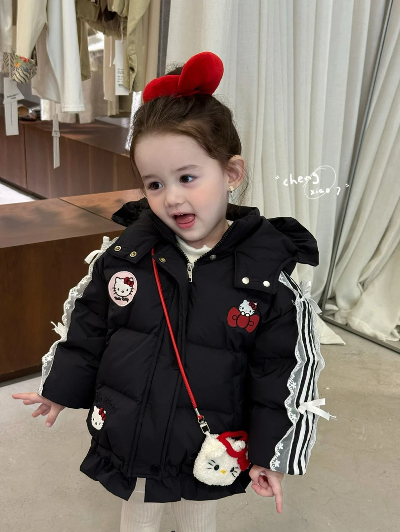 【正版】橙小七～25冬女童黑色kt刺绣蕾丝保暖百搭羽绒服55538