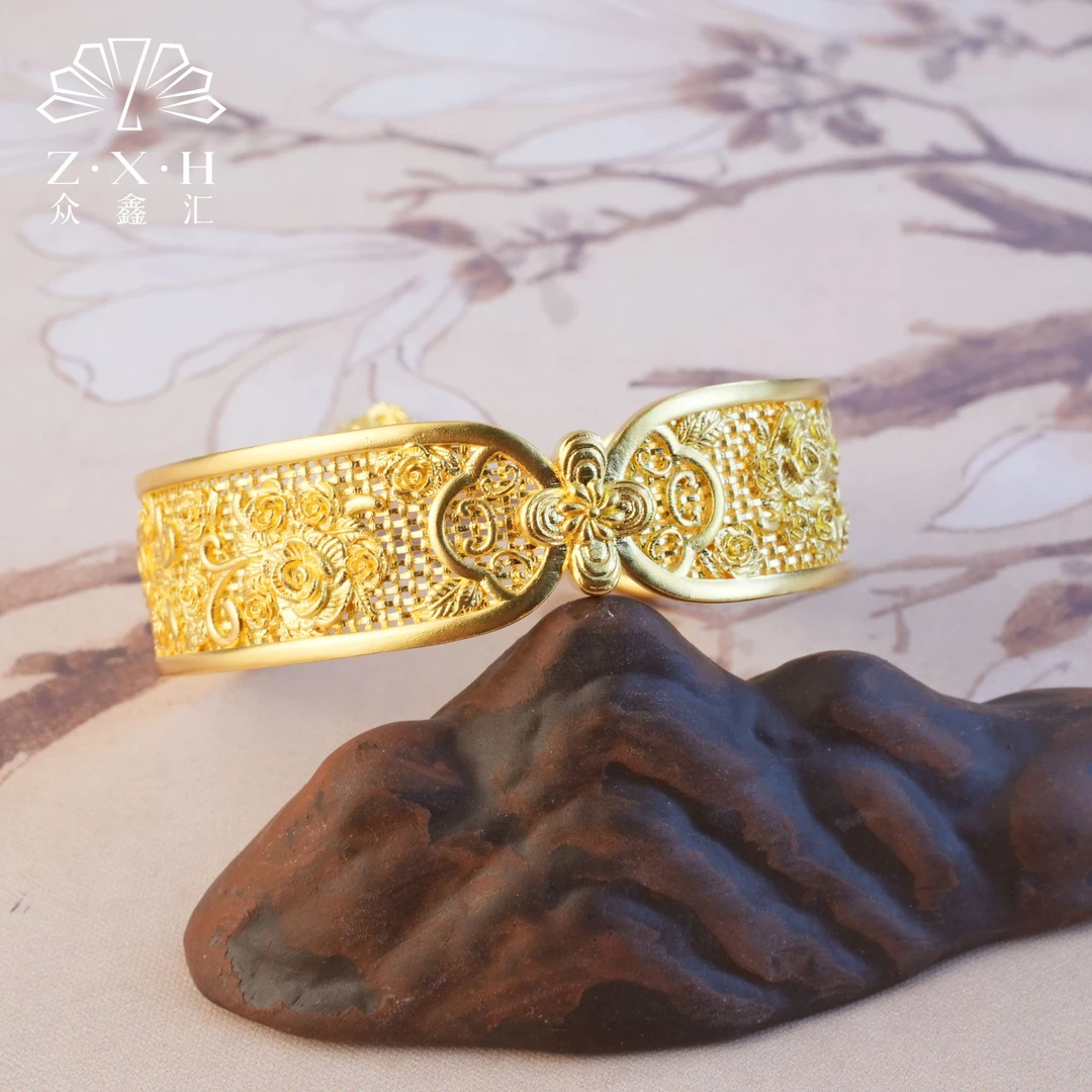 {众鑫汇}足金999  古法花月佳期锦绣良缘手镯