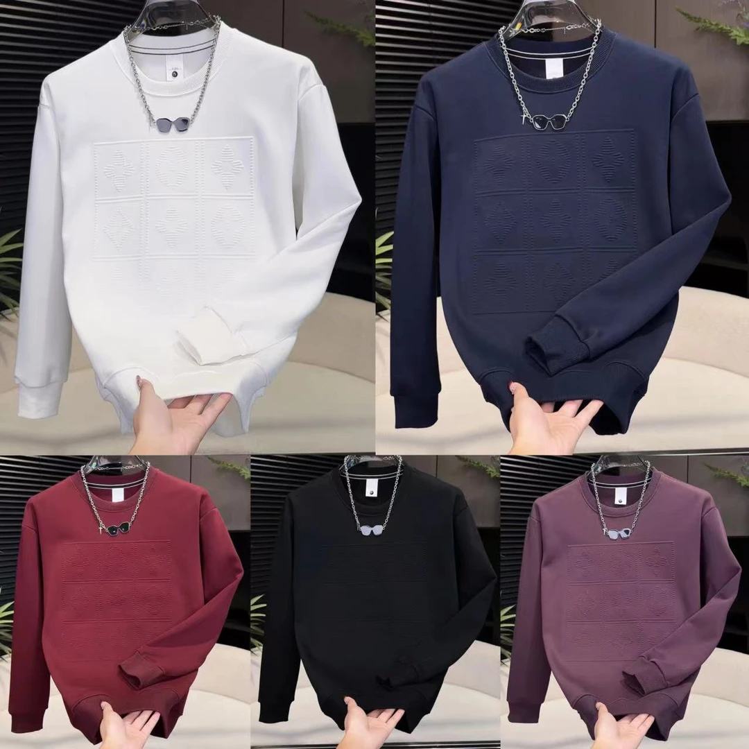 2025秋冬重磅钢印压花圆领百搭简约男士加绒卫衣5196