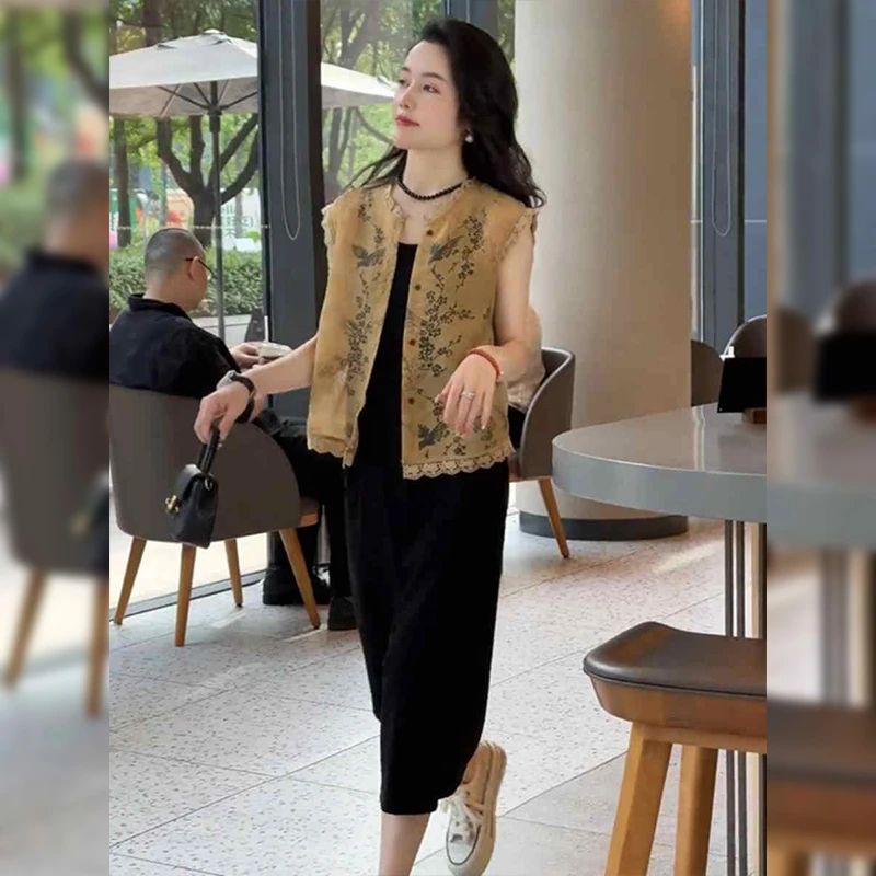 中式国风蕾丝马甲衬衫女夏季2025新款气质外搭开衫设计感无袖上衣