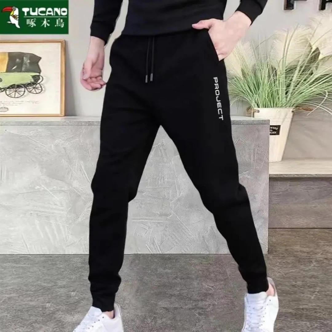 啄木鸟秋冬时尚男士20-40岁休闲百搭简约印花卫裤韩版加厚ins