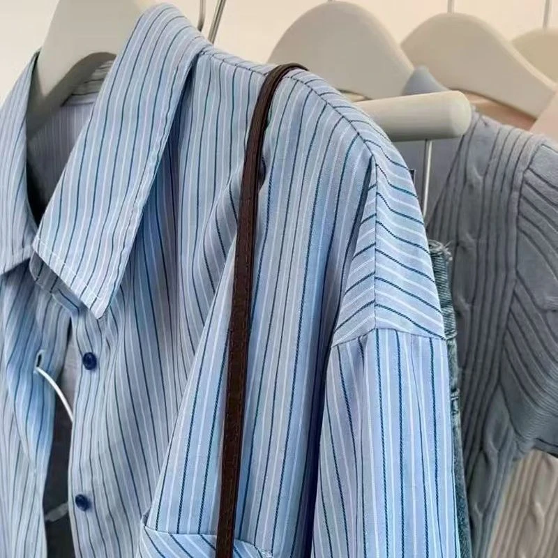法式早春蓝色条纹衬衫学院风2025春装新款慵懒衬衣长袖宽松上衣