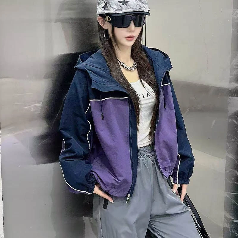 （女装）006 宽松休闲港风撞色拼接连帽抽绳外套