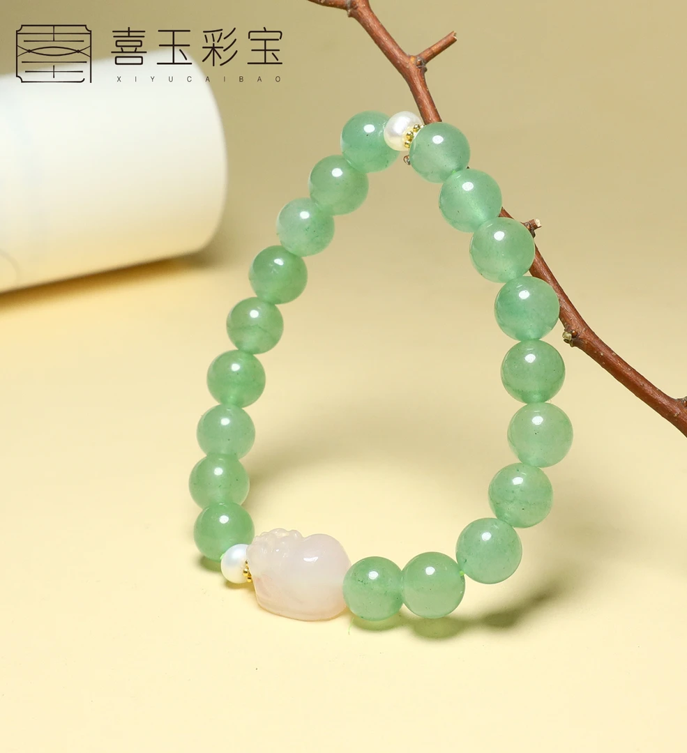 天然东陵玉单圈圆珠手串貔貅配饰 1394