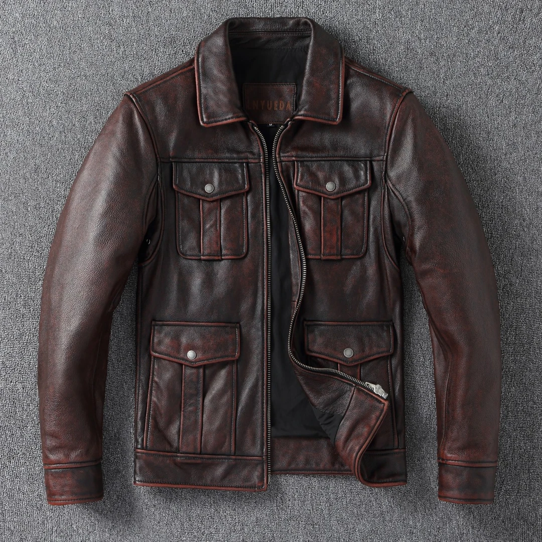 石磨做旧杰森改版猎装多口袋男士翻领头层牛皮真皮皮衣