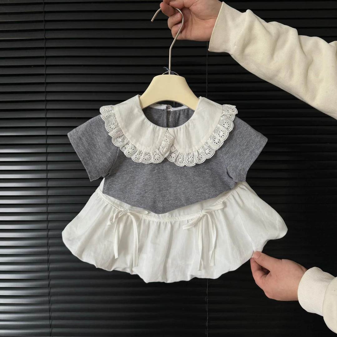 女童夏款娃娃领短袖上衣花苞裙两件套6015