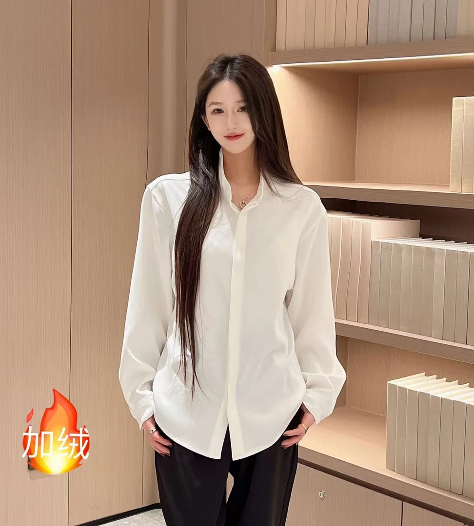 秋冬加绒黑色衬衫立领男款痞帅高级感长袖中式轻奢衬衣硬汉衬衫