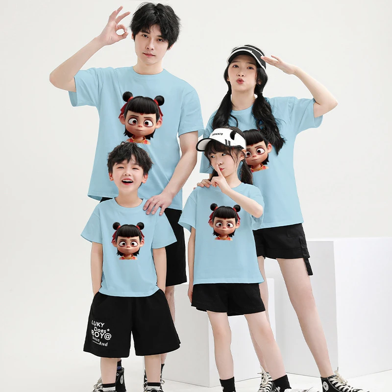 2025夏季哪吒图案圆领短袖印花T恤新款百搭宽松ins设计感亲子装