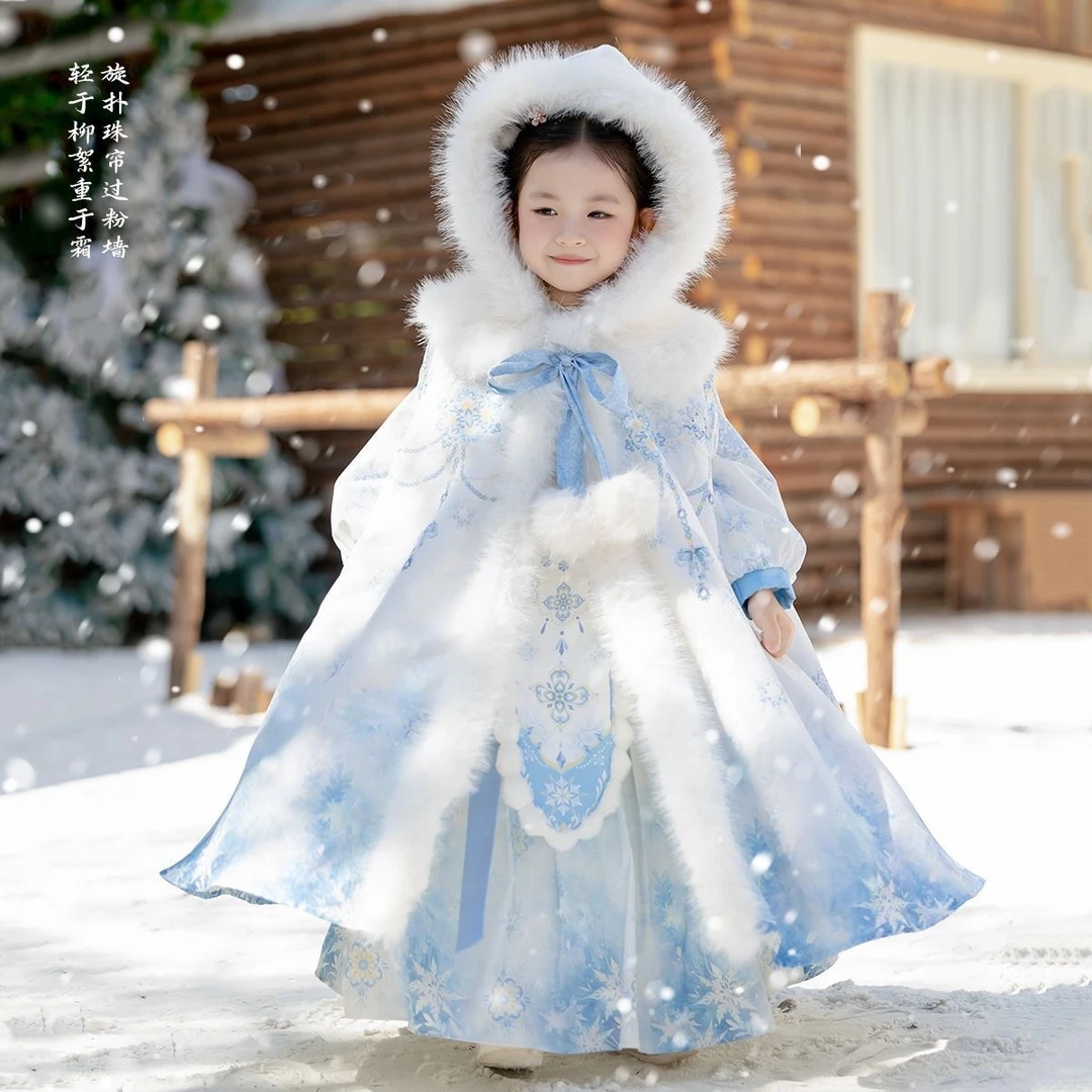 冬季汉服女童艾莎公主裙中国儿童冰雪奇缘加绒加厚超仙连衣裙斗篷