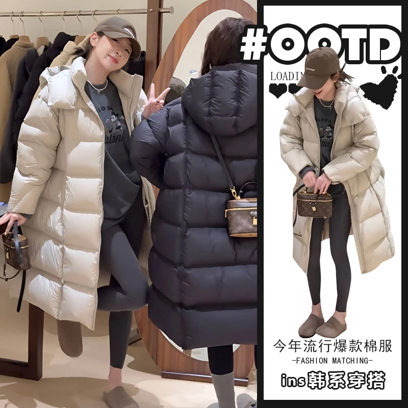 今年流行漂亮韩版中长款连帽棉服女秋冬新款宽松显瘦加厚保暖外套