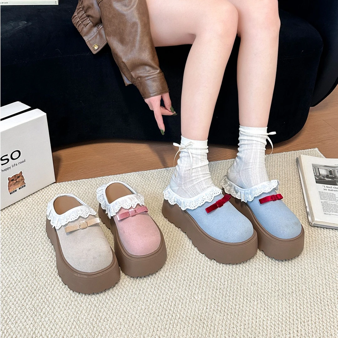 【SSBL】可爱蕾丝边蝴蝶结轻奢时尚2025春夏新款厚底外穿半拖女鞋