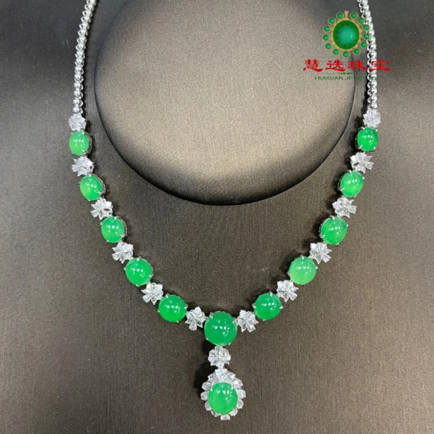 天然缅甸A货翡翠18k金豪华镶嵌高冰阳绿蛋套链H