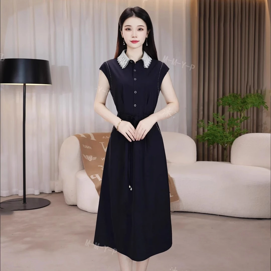 时尚连衣裙女2025夏季新款洋气质收腰显瘦翻领蕾丝拼接中长款裙子
