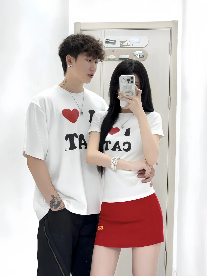 情侣装夏季短袖INS风T恤休闲字母百搭网红圆领印花一长一短上衣潮