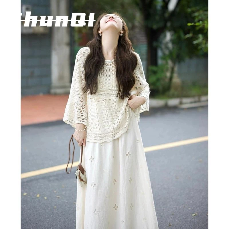 淳启初夏装搭配一整套大码胖mm镂空罩衫上衣半身裙减龄两件套装女