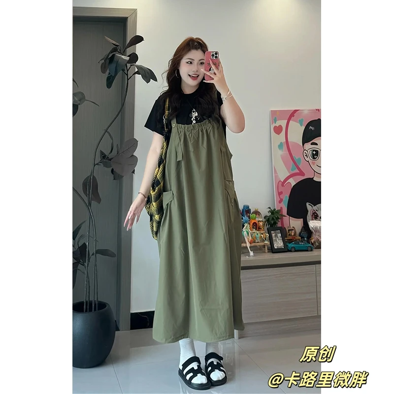 大码夏季港风复古高级感连衣裙短袖T恤两件套99212#