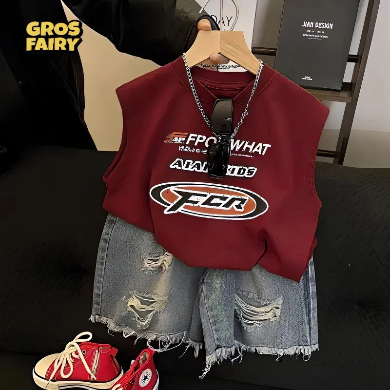 grosfairy男童夏季新款韩版时尚套装字母印花T恤洋气破洞牛仔短裤