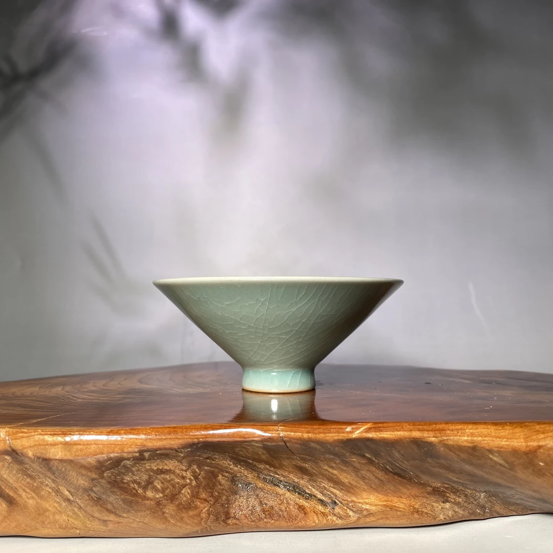 仿古天青冰裂纹手绘家用复古斗笠杯茶杯陶瓷圈足烧50ml汝瓷主人杯