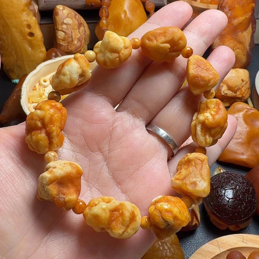 裸石琥珀未镶嵌白蜡脑纹海漂手串